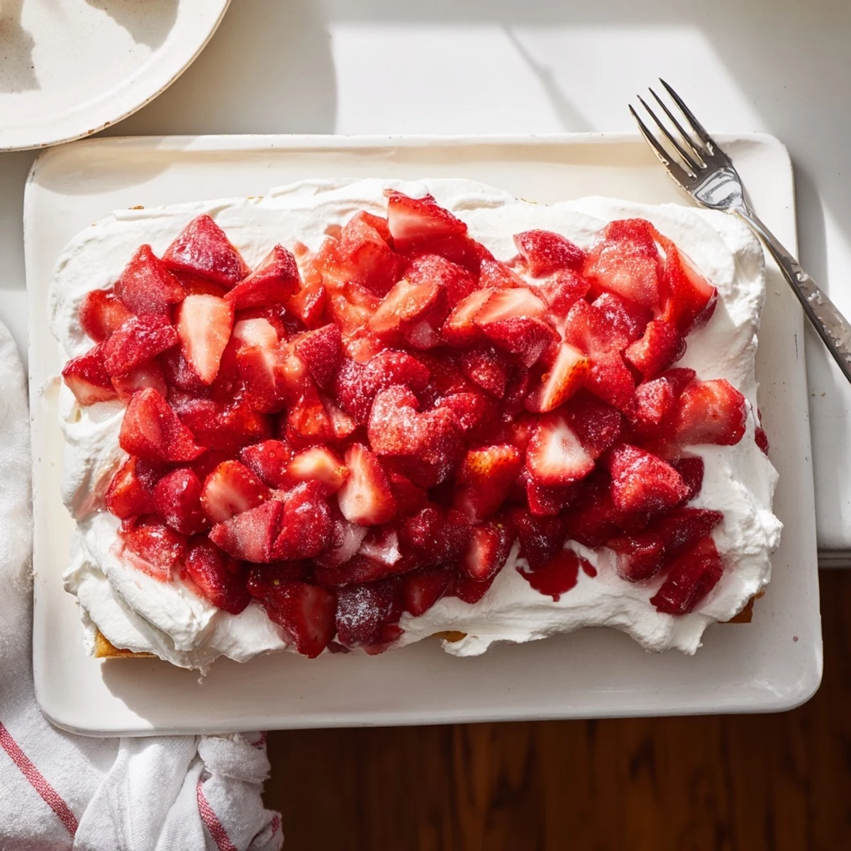 Rustic strawberry shortcake sheet cake slice showing tender sponge layers with whipped topping and berry garnish