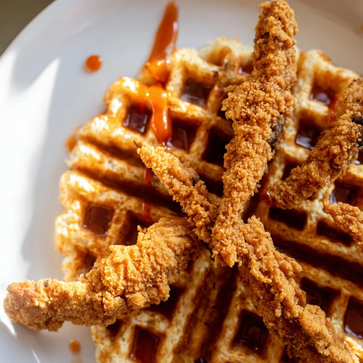Golden vegan chicken and waffles stacked high with maple hot sauce drizzle