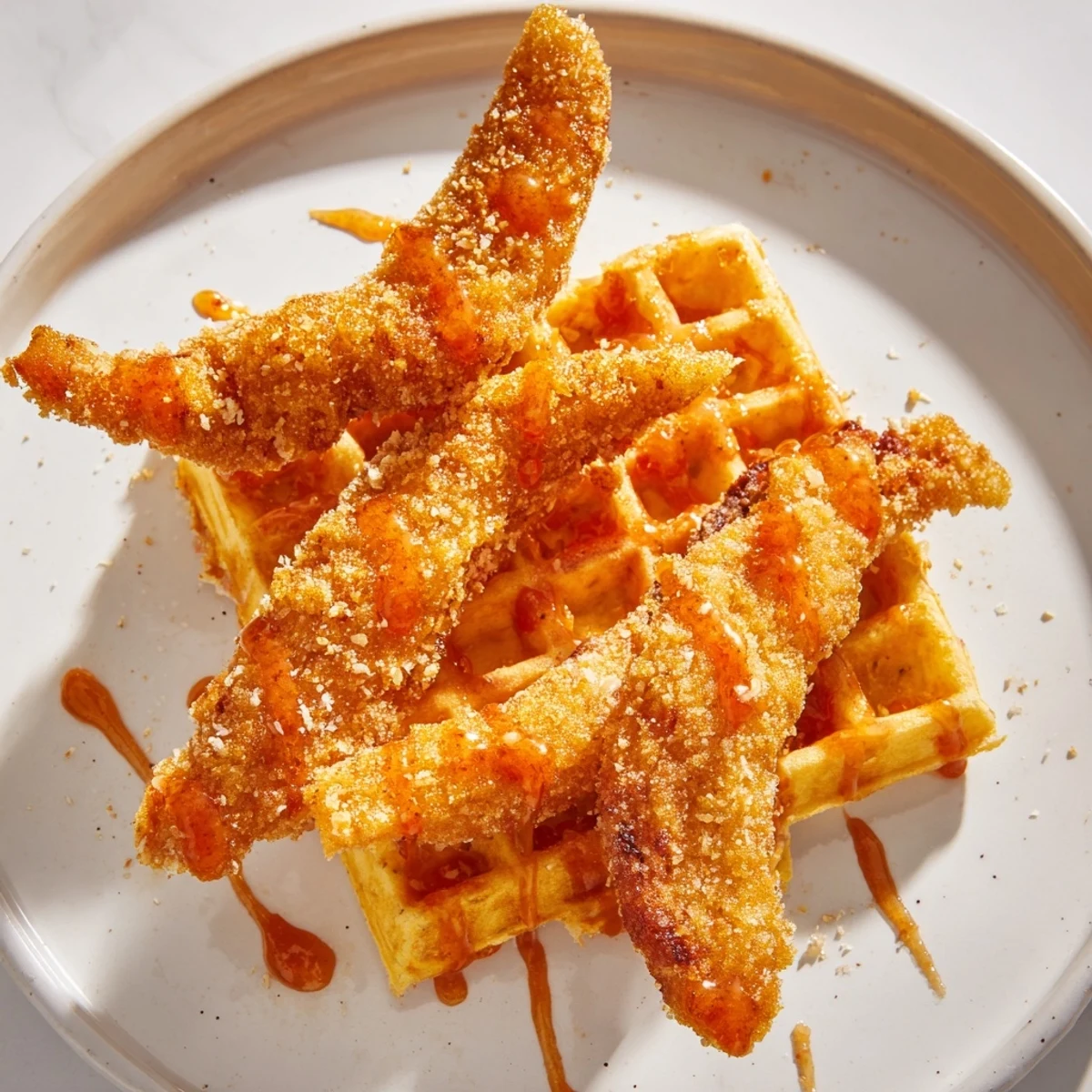 Crispy fried mushroom strips resting atop fluffy homemade waffles for Juneteenth brunch