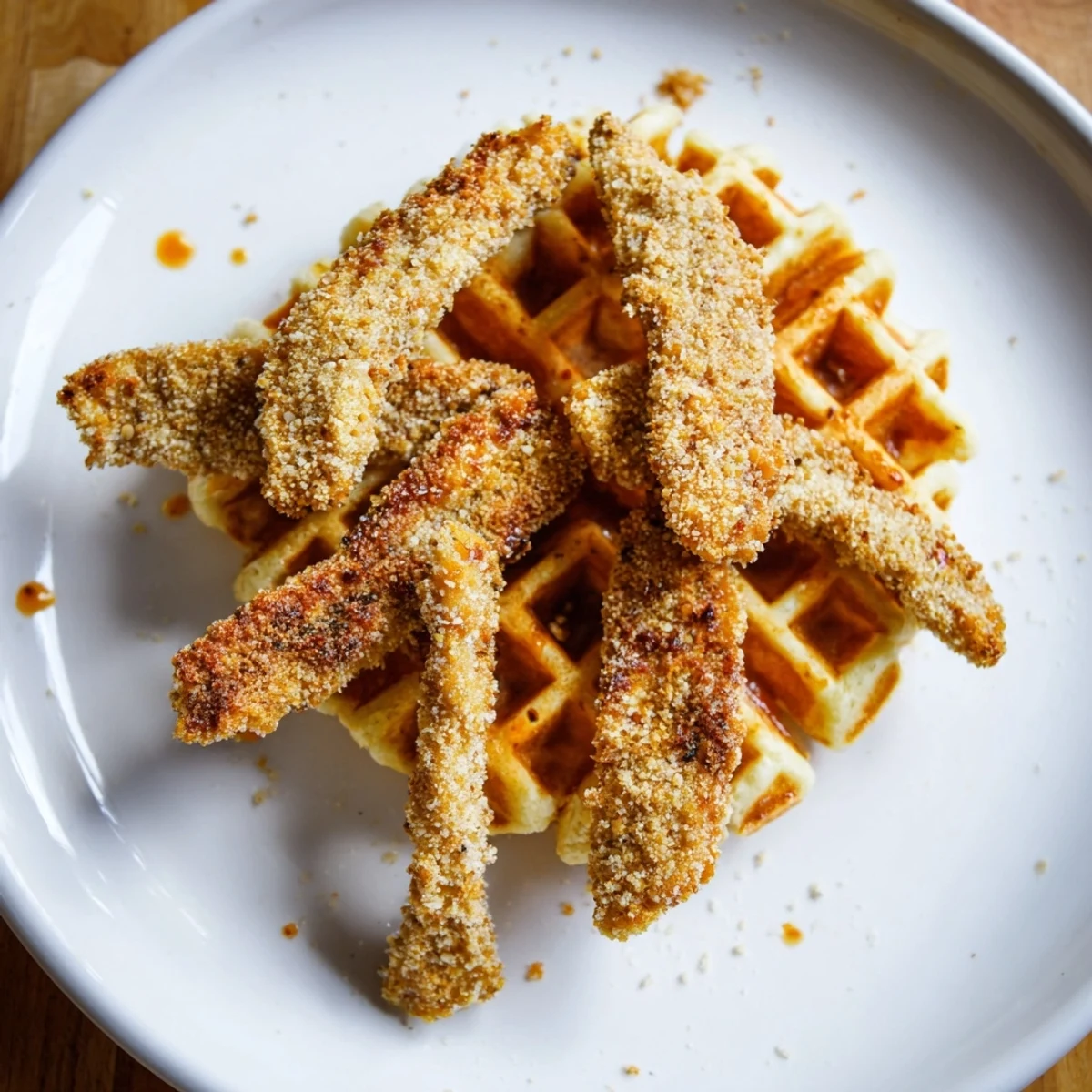 Plant-based chicken and waffles plated with sweet spicy glaze for Southern celebration