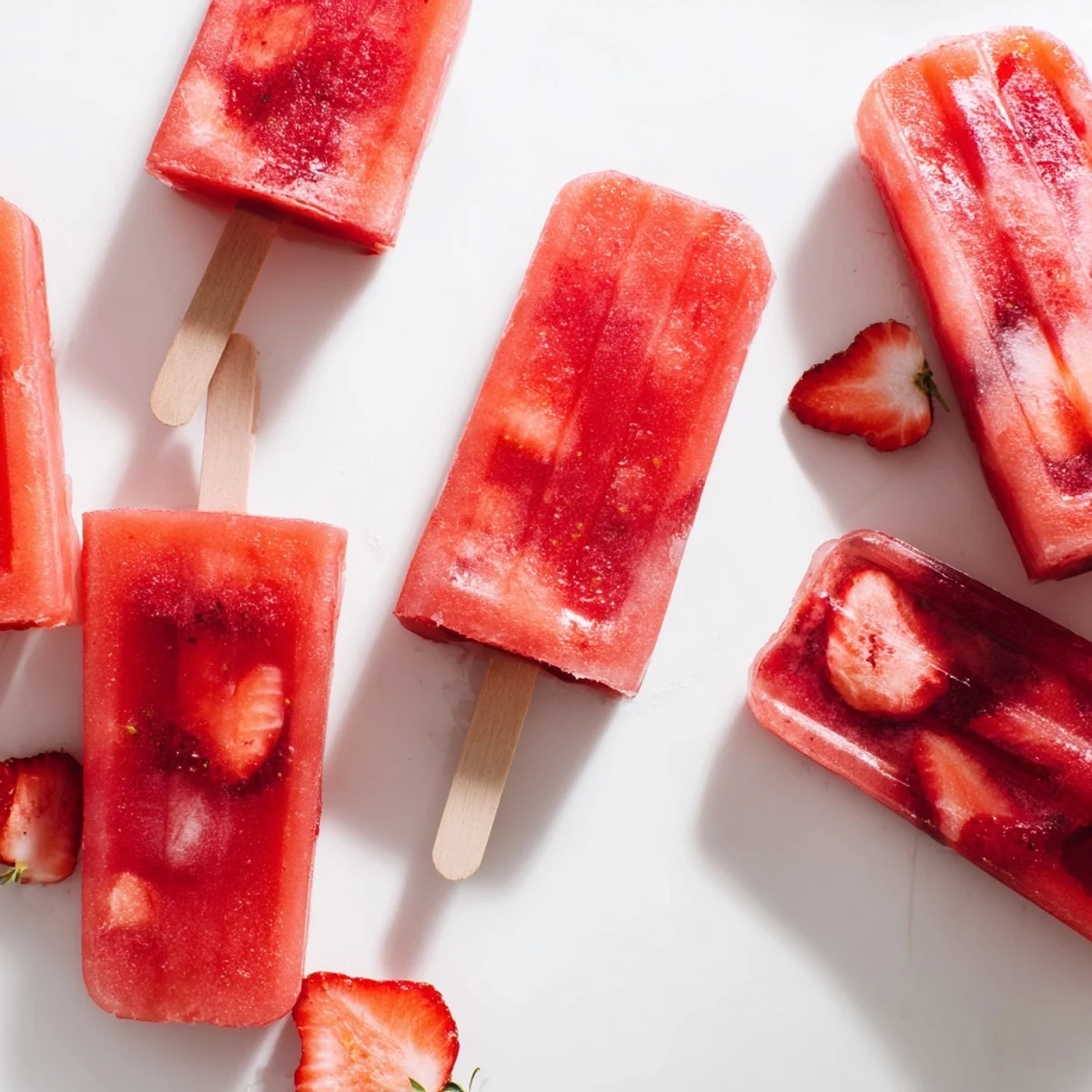 Fresh homemade strawberry watermelon popsicles with vibrant red layers and wooden sticks ready for freezing
