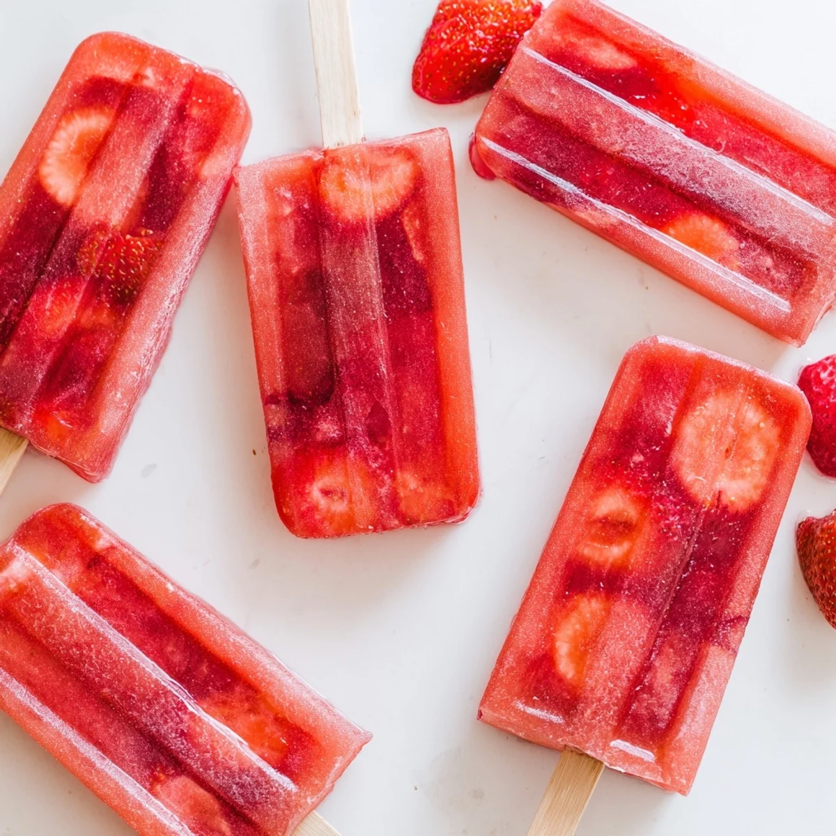 Frozen strawberry watermelon popsicles displayed on a sunny wooden board with ripe fruit garnish
