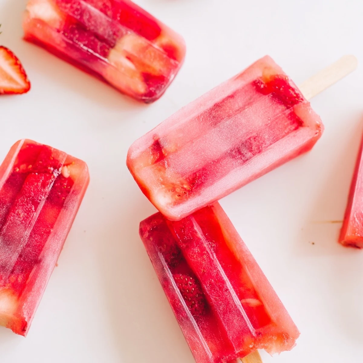 Close up of icy strawberry watermelon popsicles being removed from molds with fresh strawberry slices visible inside