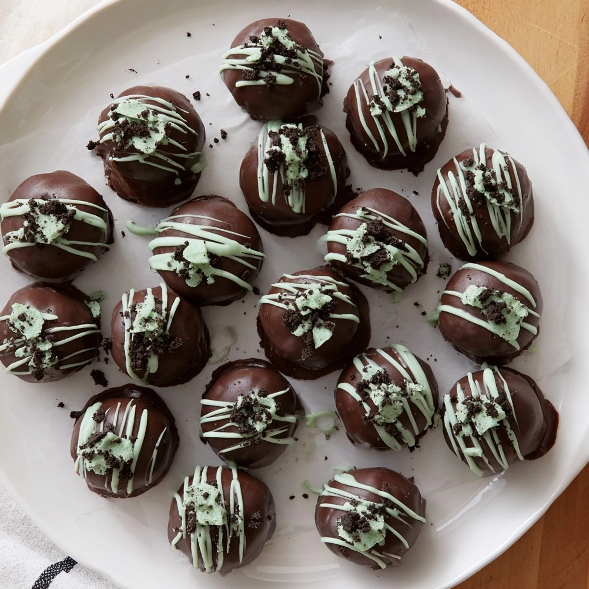 Bite-sized mint Oreo truffles coated in glossy dark chocolate with crushed cookie garnish