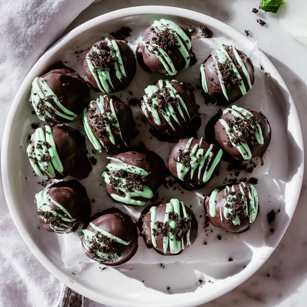 Homemade mint Oreo truffles on a white plate drizzled with white chocolate