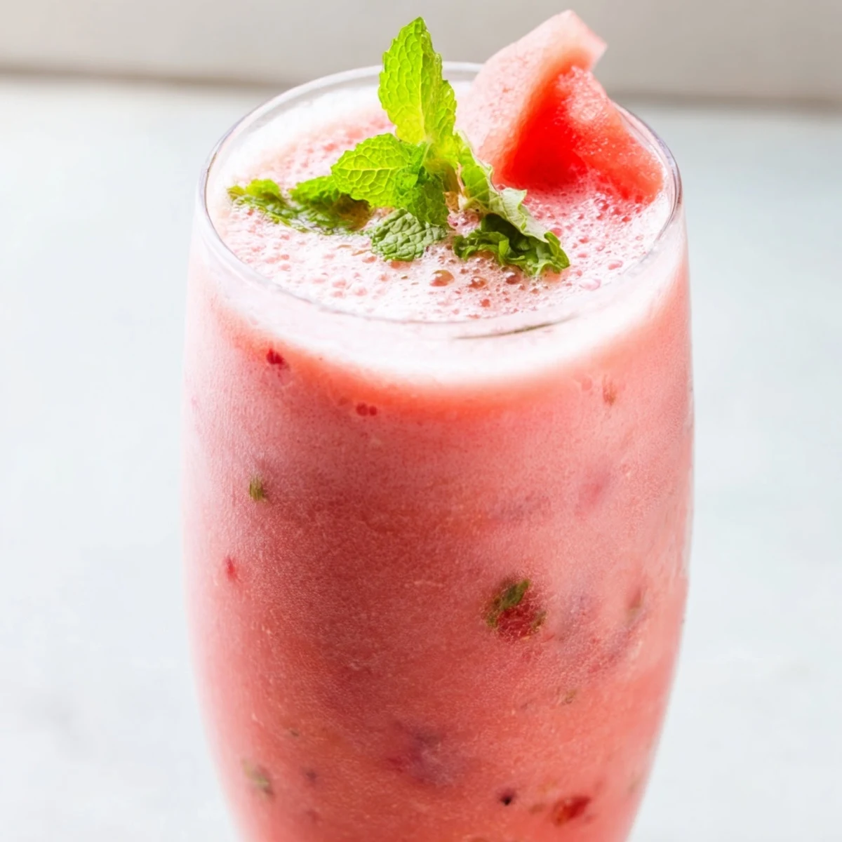 Thick pink watermelon milkshake topped with fresh mint in a clear glass with straw