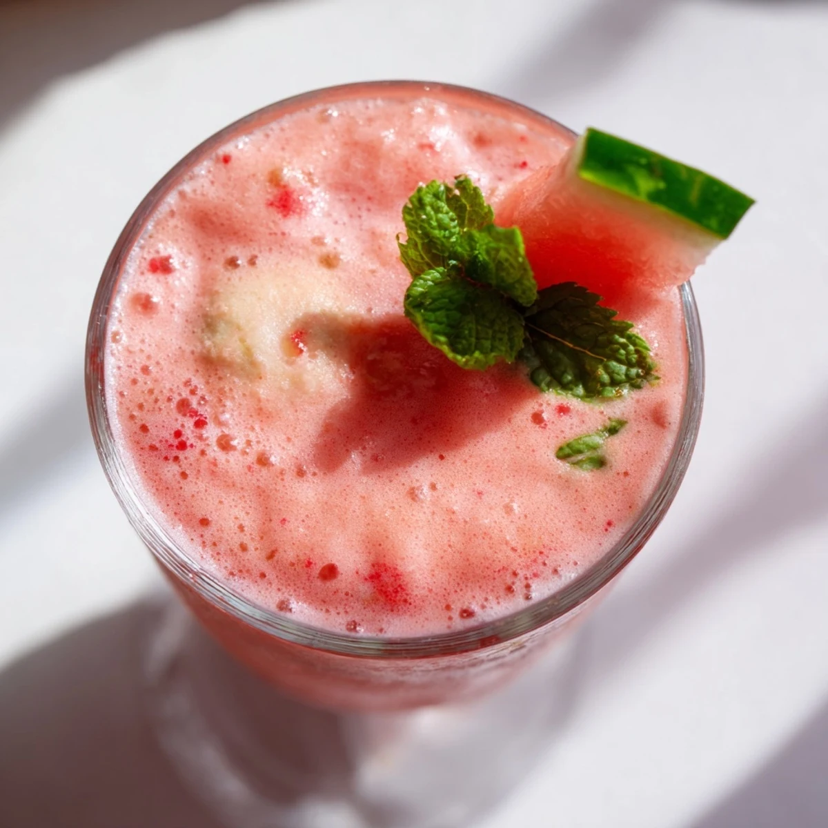 Creamy blended watermelon milkshake poured into tall glasses with frozen watermelon cubes and ice