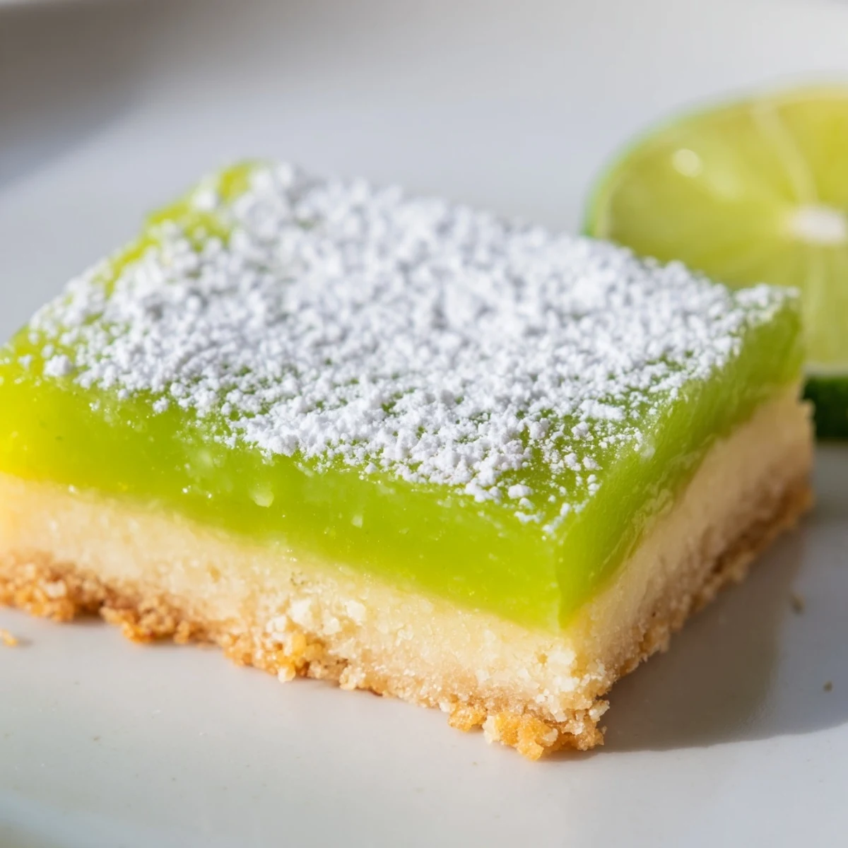 Freshly baked zesty lime citrus bars with smooth green filling on golden shortbread crust dusted with powdered sugar