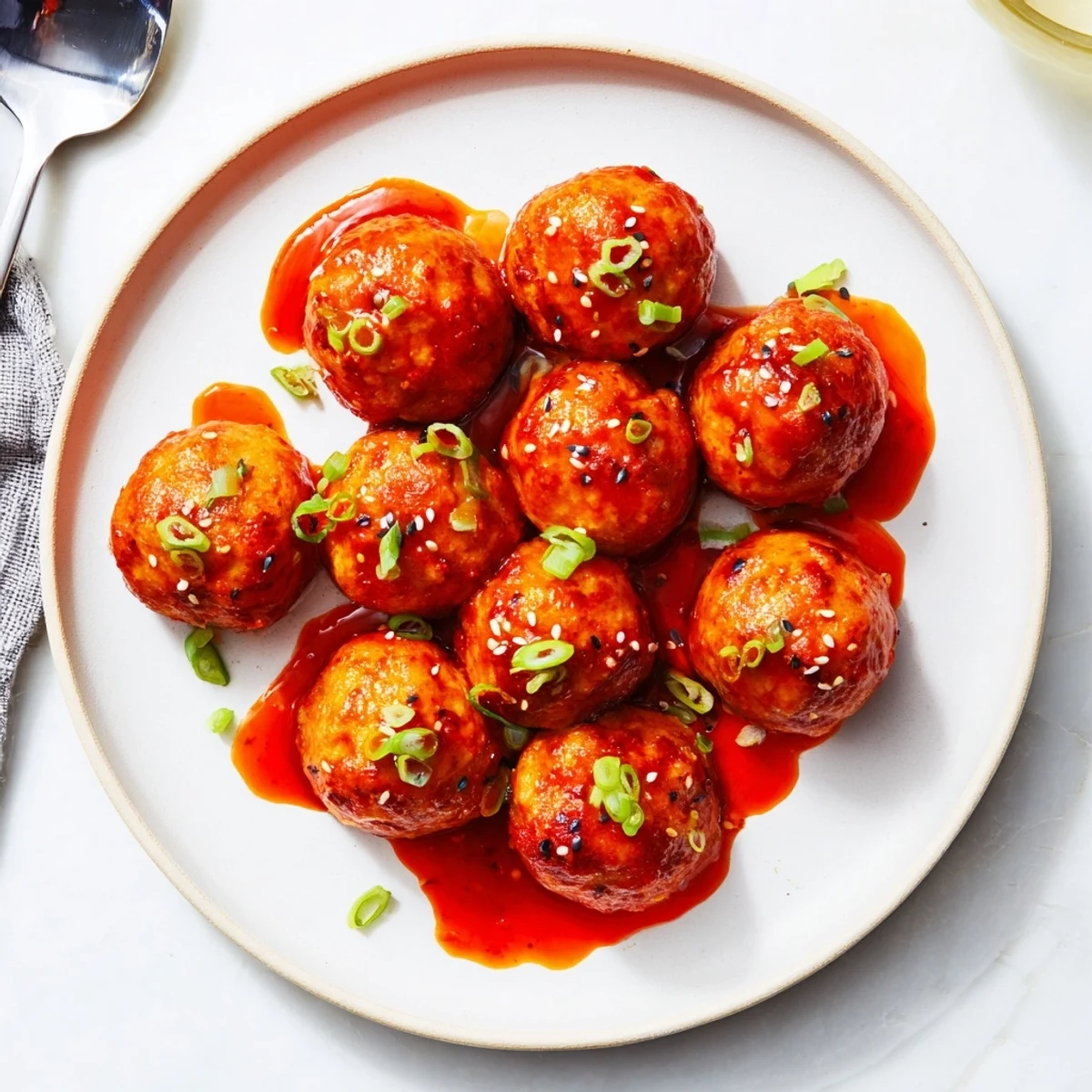 Golden sweet chili tofu balls glistening with sticky red sauce and sesame seed garnish