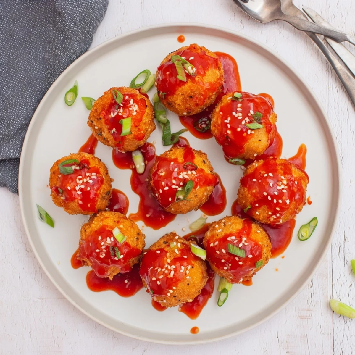 Vegan appetizer of golden brown tofu balls coated in sweet and spicy chili sauce