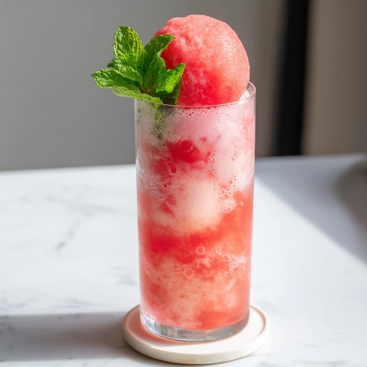 Creamy vanilla ice cream floats in chilled watermelon puree with fizzy lemon-lime soda bubbles