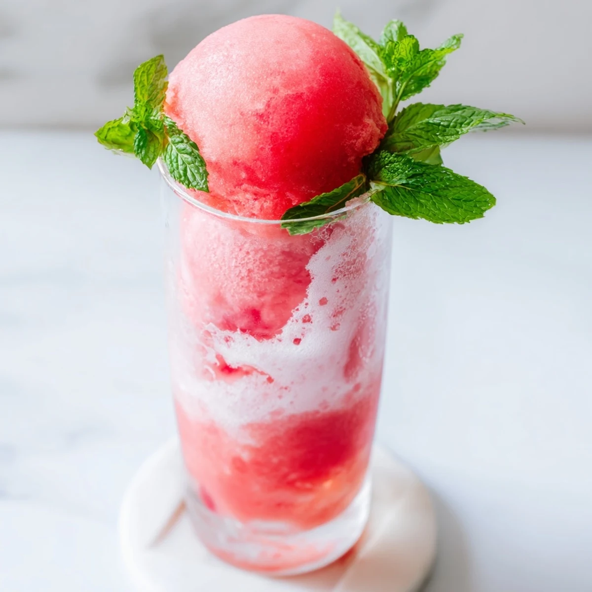 Tall glass of refreshing watermelon ice cream floats topped with mint and watermelon garnish