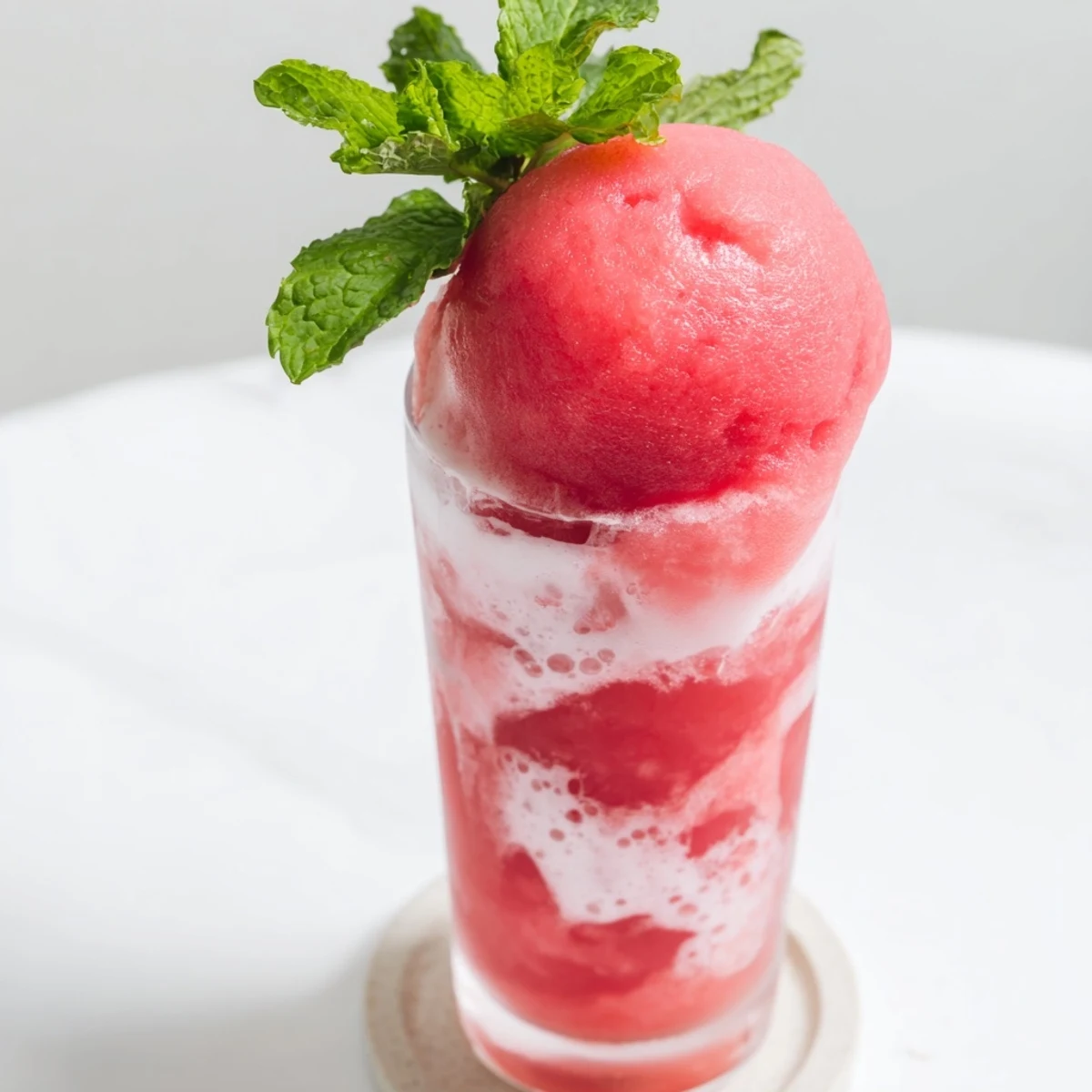 Summer watermelon ice cream floats served in tall glasses with fresh mint sprigs