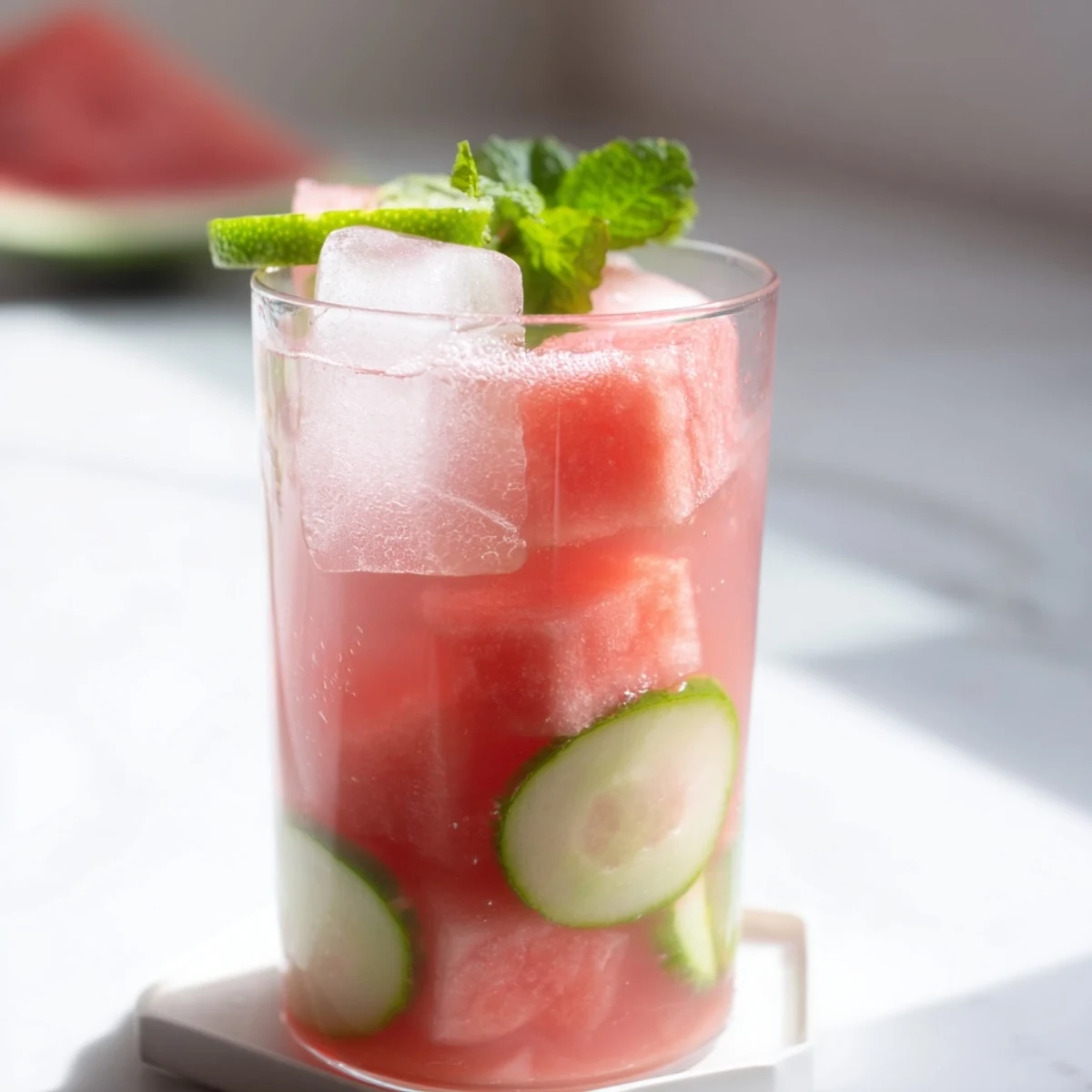Refreshing low carb watermelon refresher with floating ice cubes and fresh mint garnish