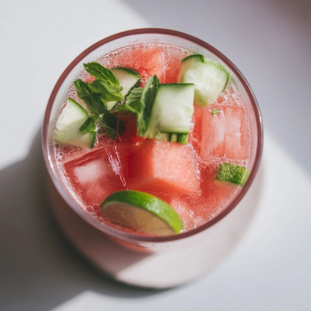 Vibrant pink low carb watermelon refresher in a glass topped with cucumber slices