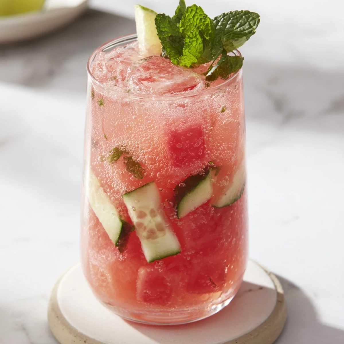 Chilled low carb watermelon refresher drink with lime wedge and sparkling water bubbles