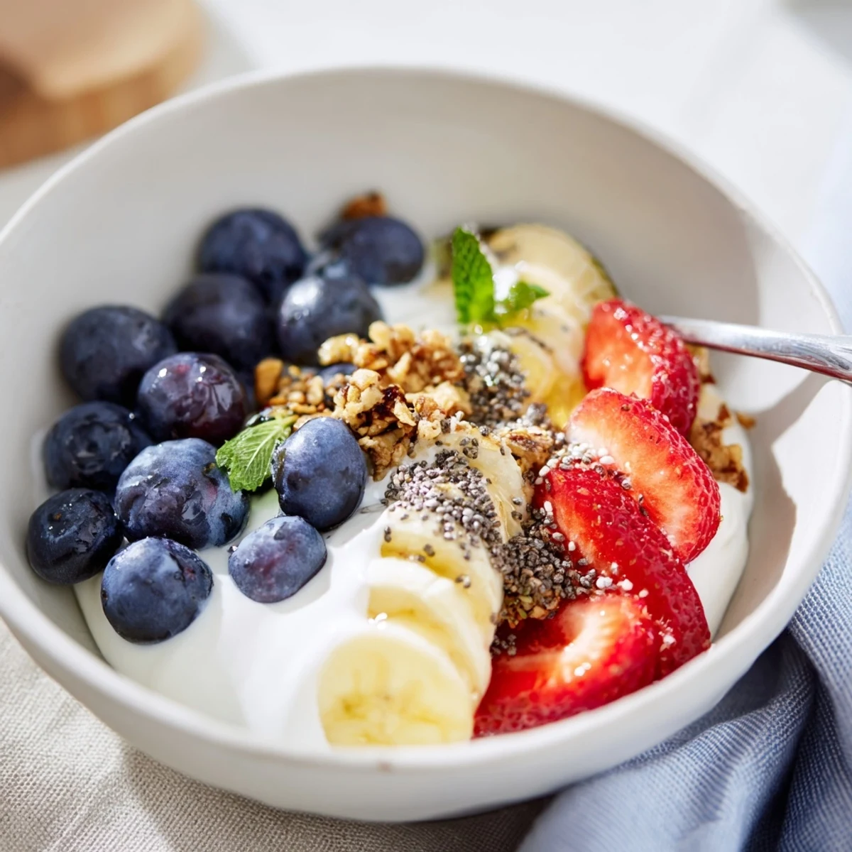 Blueberry Breakfast Salad Recipe with creamy Greek yogurt, crunchy granola, fresh mint.  