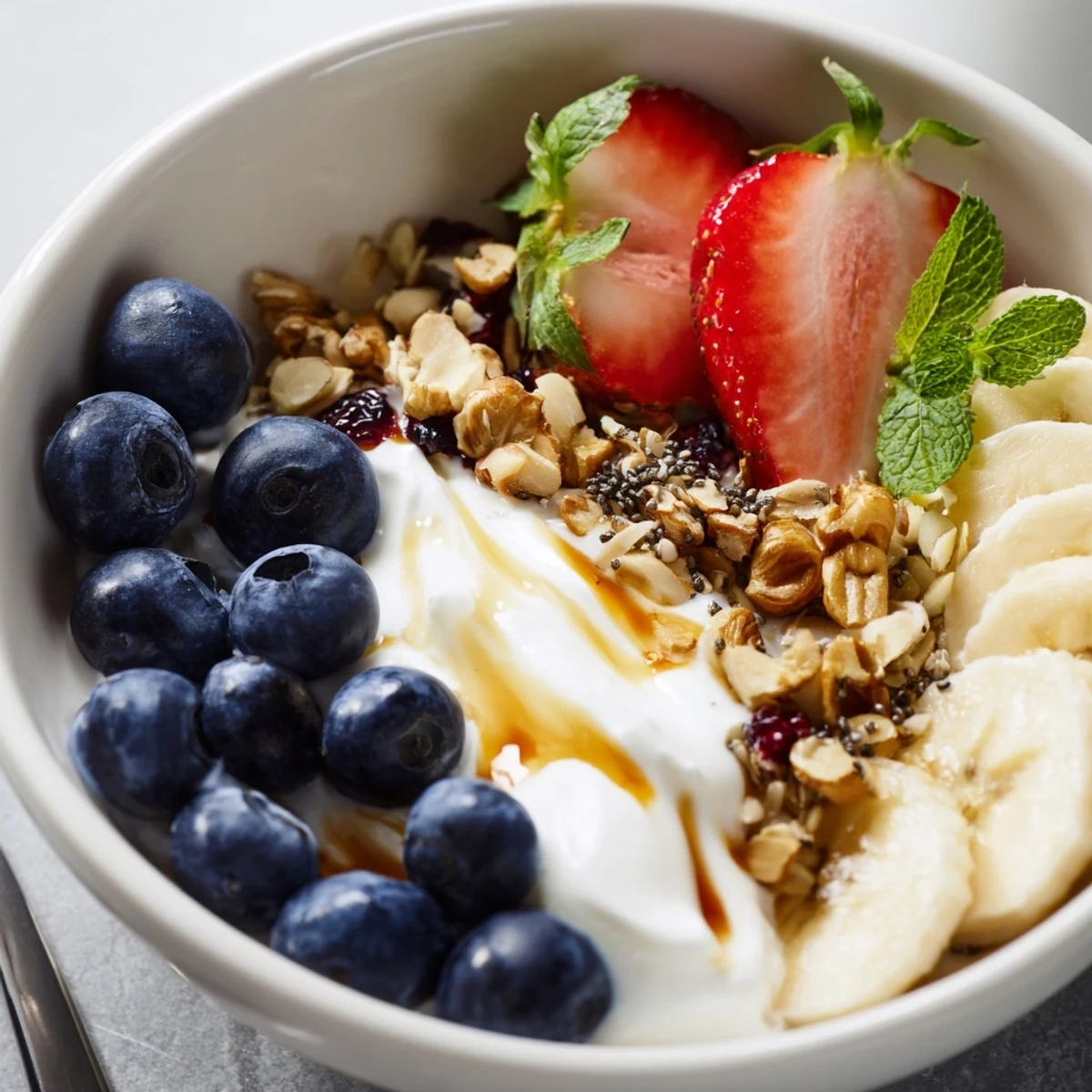 Chilled Blueberry Breakfast Salad Recipe topped with honey drizzle and chopped walnuts.  