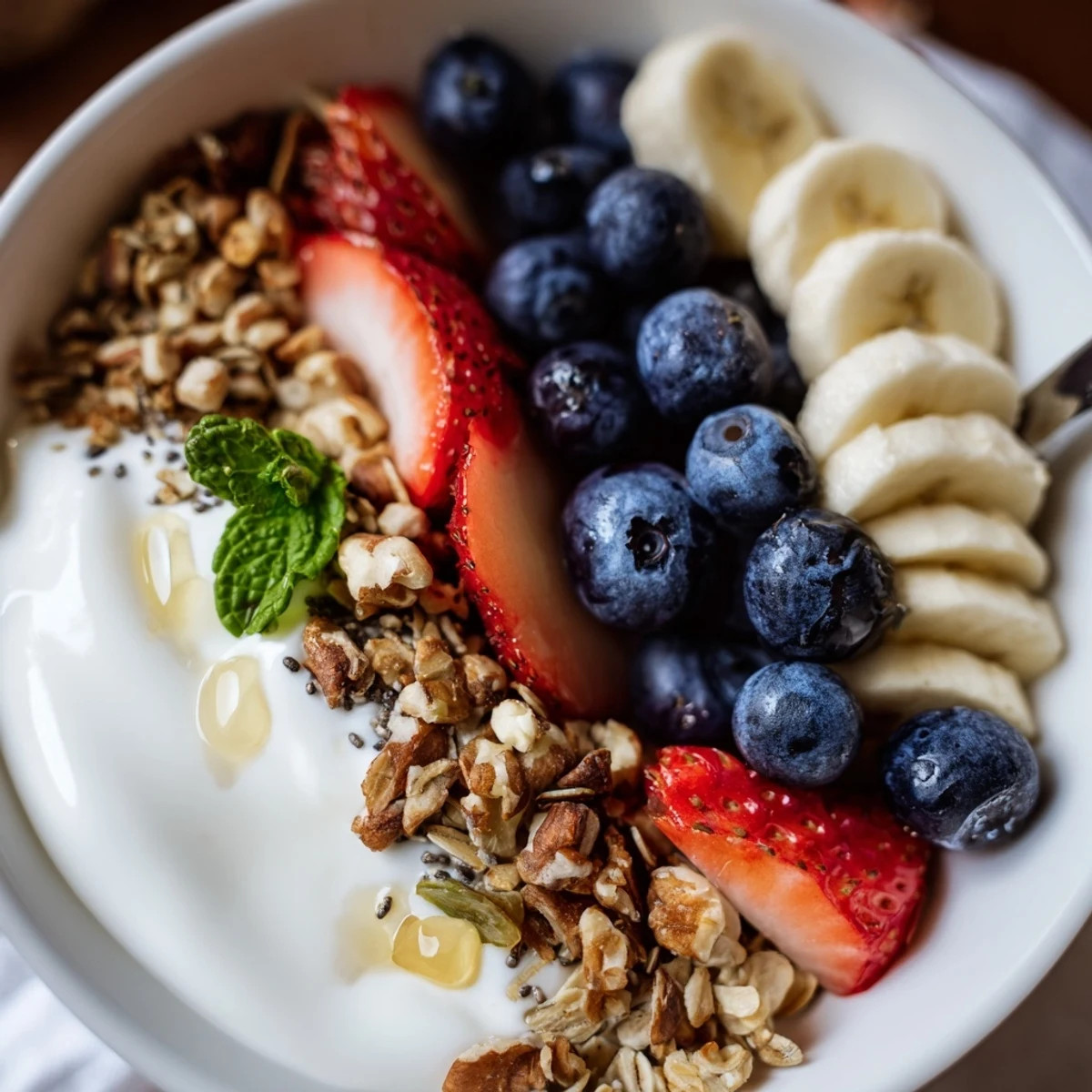 Blueberry Breakfast Salad Recipe featuring juicy berries, banana slices, and granola crunch.