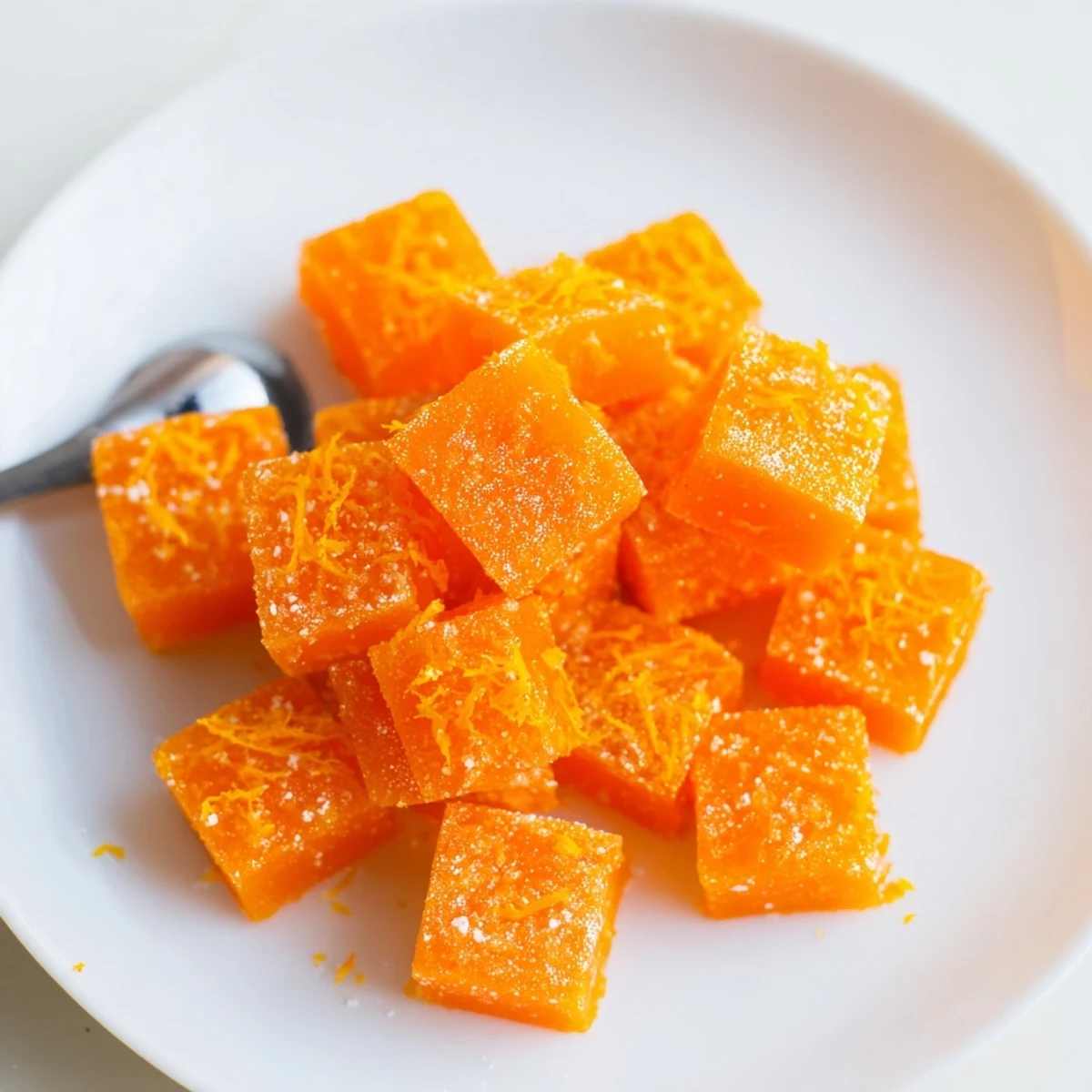 Classic Homemade Orange Candy squares dusted in sugar, glossy, chewy citrus centers