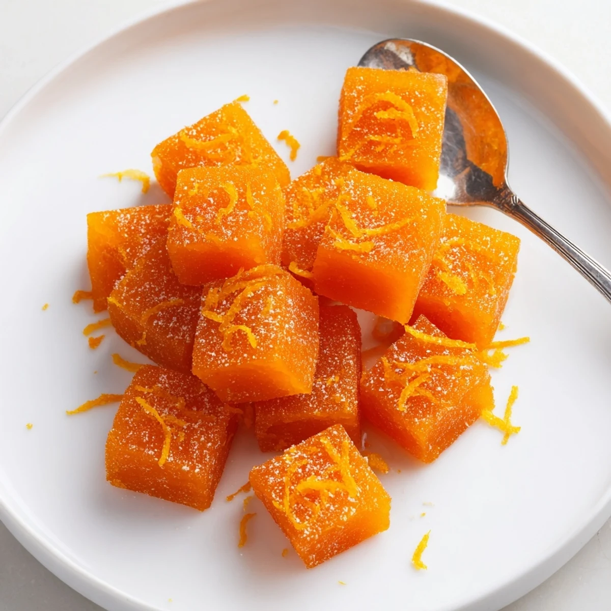 Hand-cut Classic Homemade Orange Candy piled on plate, tangy aroma rises