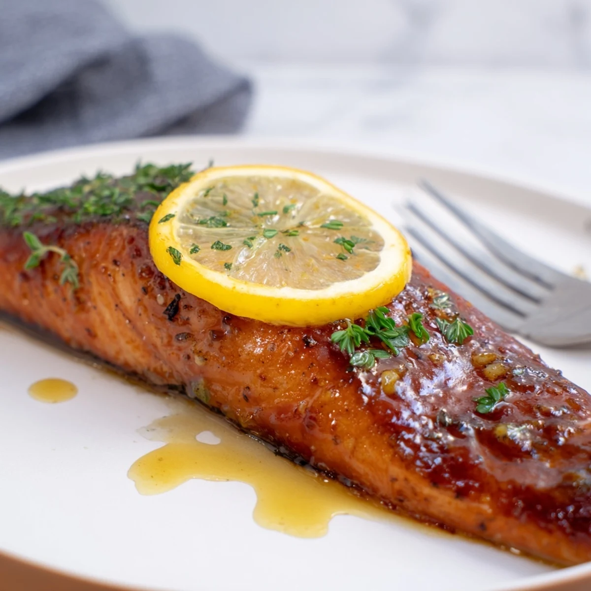 Baked Lemon Dijon Salmon With Garlic, flaky fillets topped with lemon slices