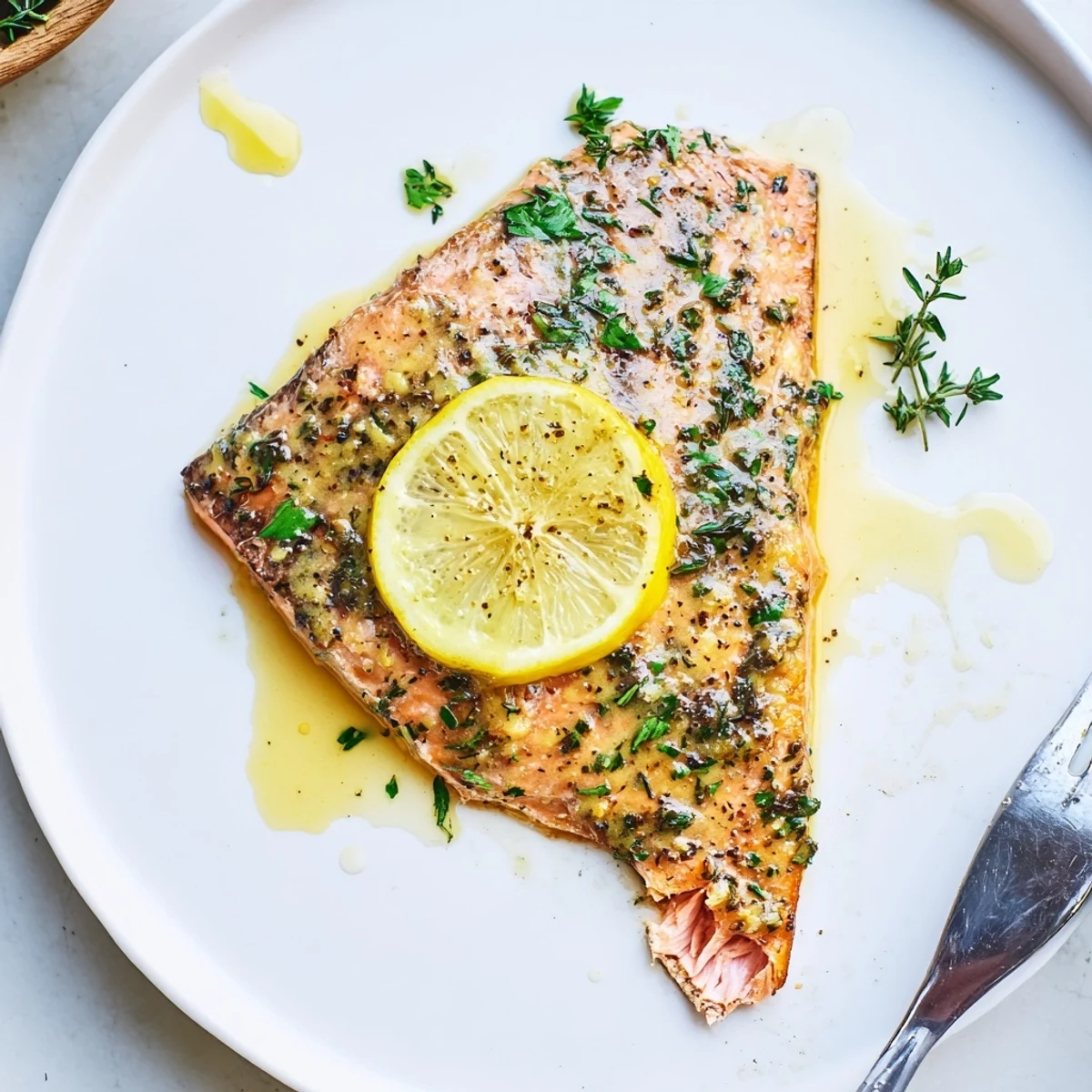 Plate shows Baked Lemon Dijon Salmon With Garlic garnished with parsley, zesty aroma
