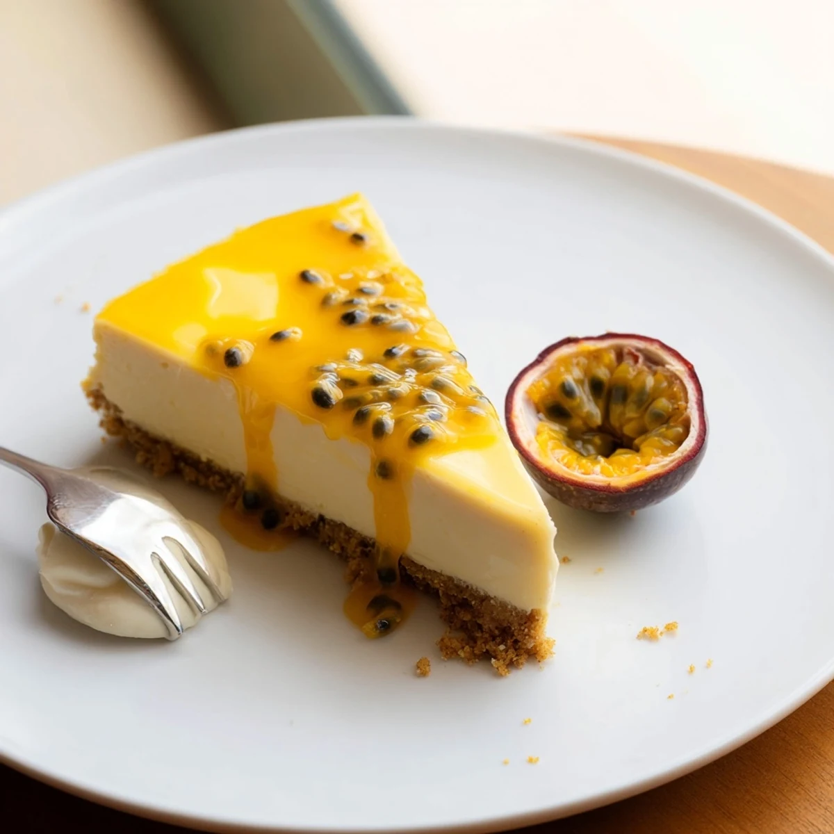 Passion Fruit Cheesecake with glossy glaze, creamy center on buttery graham crust
