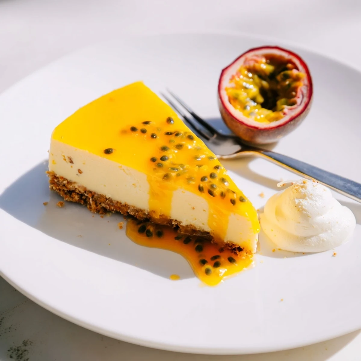 Slice of Passion Fruit Cheesecake topped with seeds and airy whipped cream