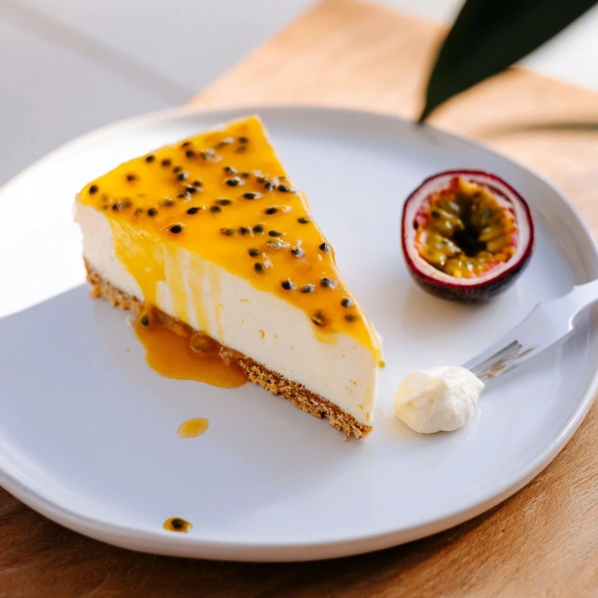 Chilled Passion Fruit Cheesecake resting on parchment, bright tart and sweet flavor