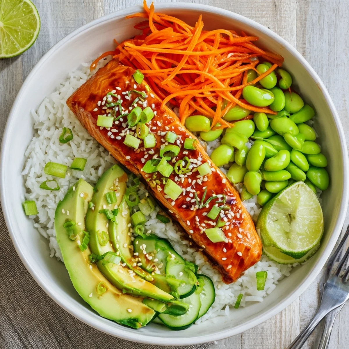 Honey Glazed Salmon Bowl with caramelized fillet, fluffy rice, crisp vegetables.