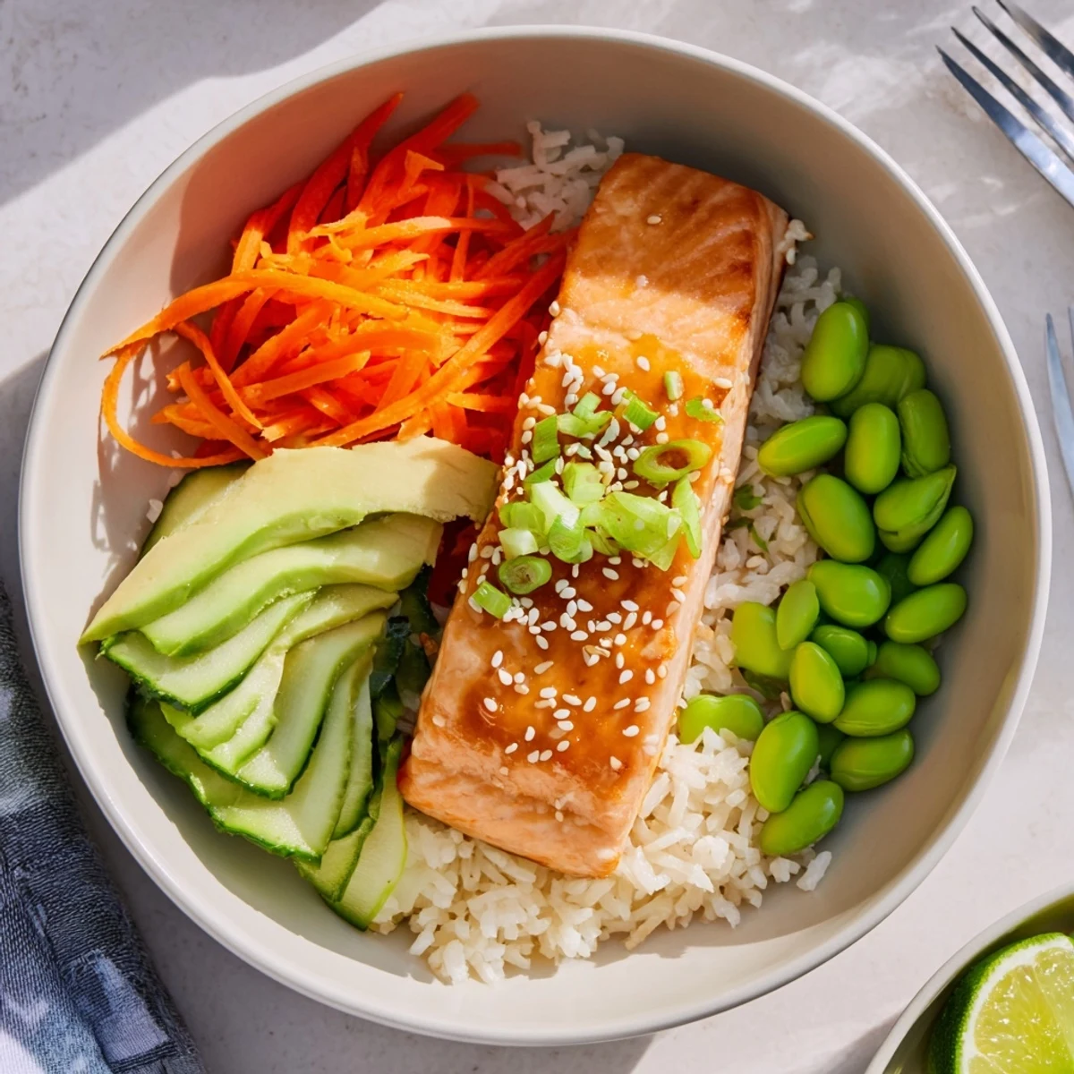 Honey Glazed Salmon Bowl served warm, avocado slices, tangy lime wedges.