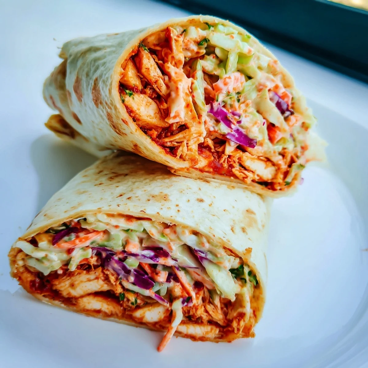 Bbq Chicken Coleslaw Wraps with smoky shredded chicken and crisp tangy slaw