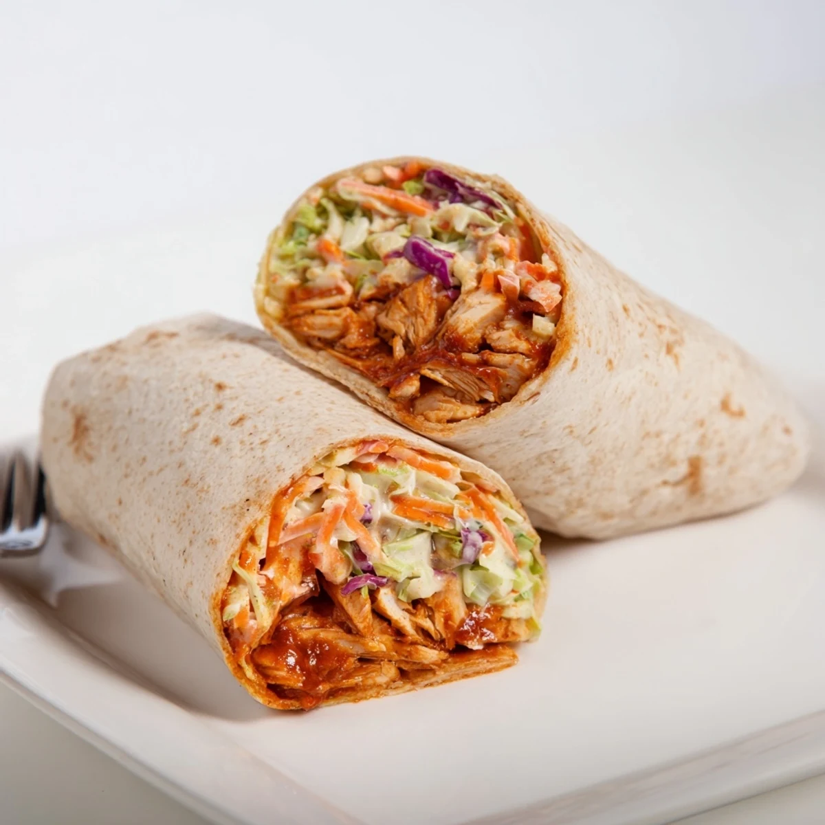Warm Bbq Chicken Coleslaw Wraps sliced on plate, cilantro garnish, picnic ready