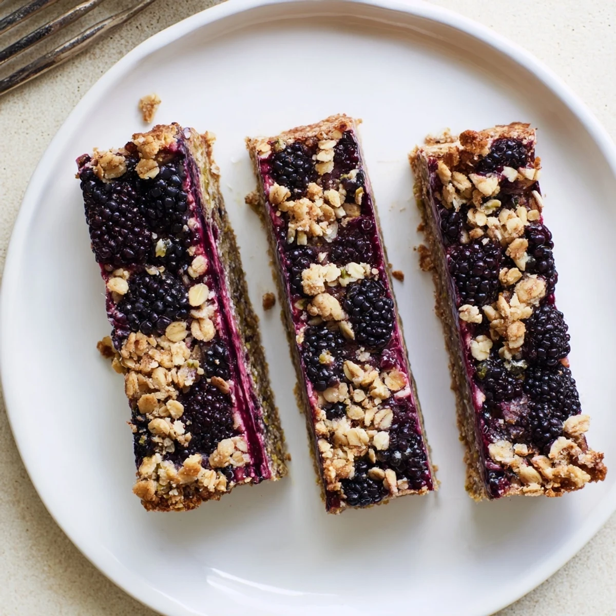 Freshly sliced Blackberry Pistachio Bars resting on parchment, tart-sweet berries glistening.