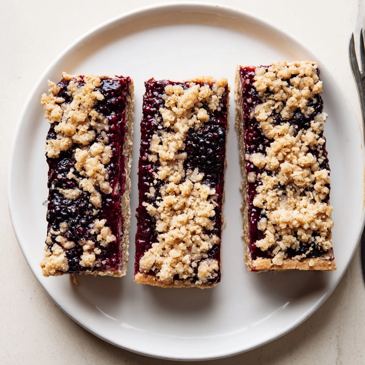 Blackberry Pistachio Bars with bubbling jam center, golden streusel and nutty crust.