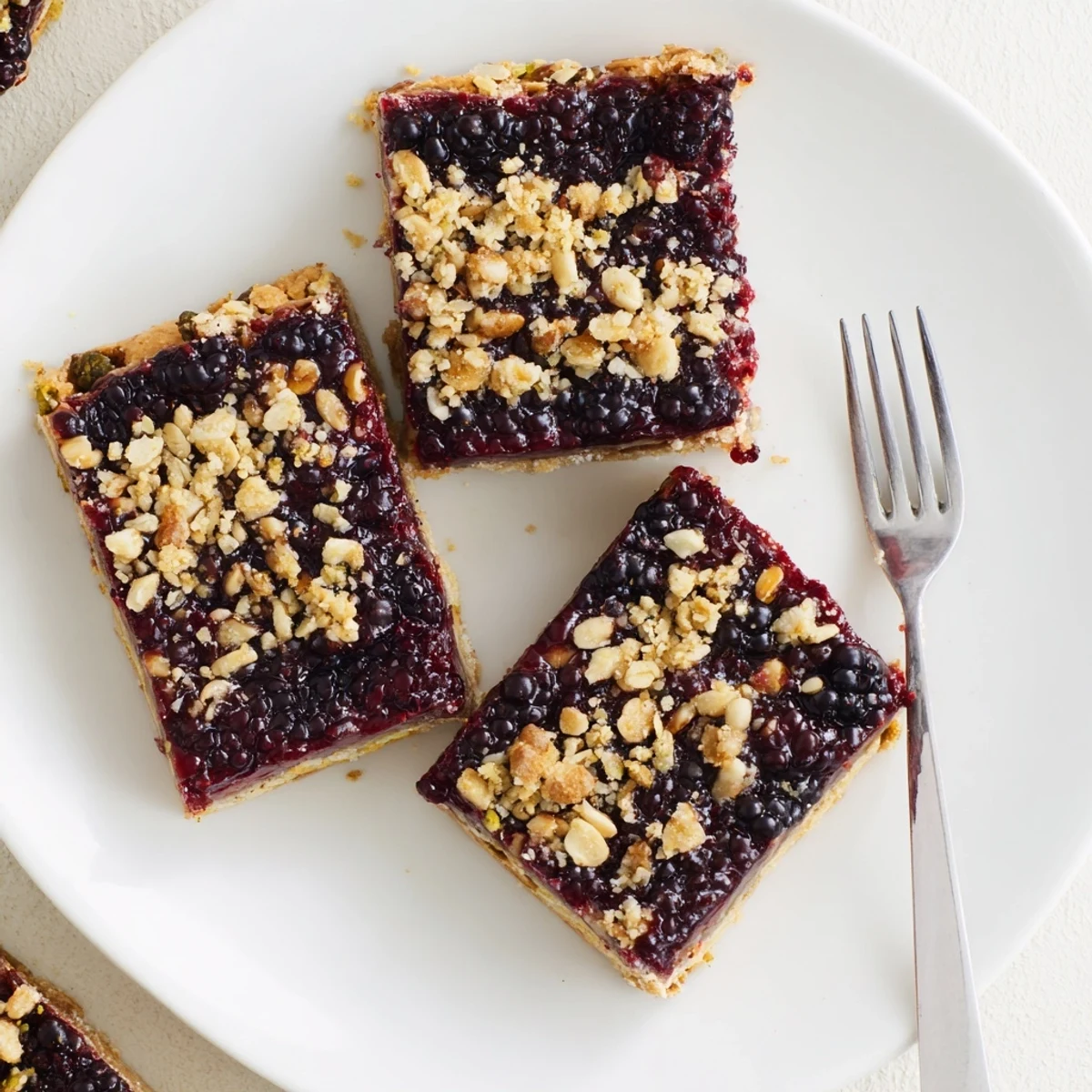 Warm Blackberry Pistachio Bars served with whipped cream, fragrant lemon zest hint.