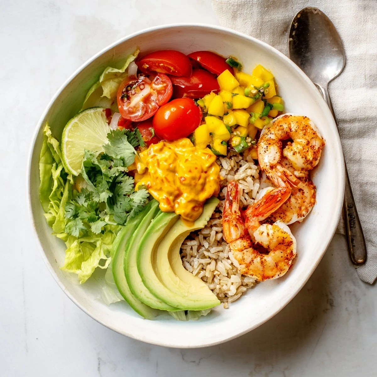 Shrimp And Avocado Bowls With Mango Salsa Lime Chili Sauce steaming over brown rice.