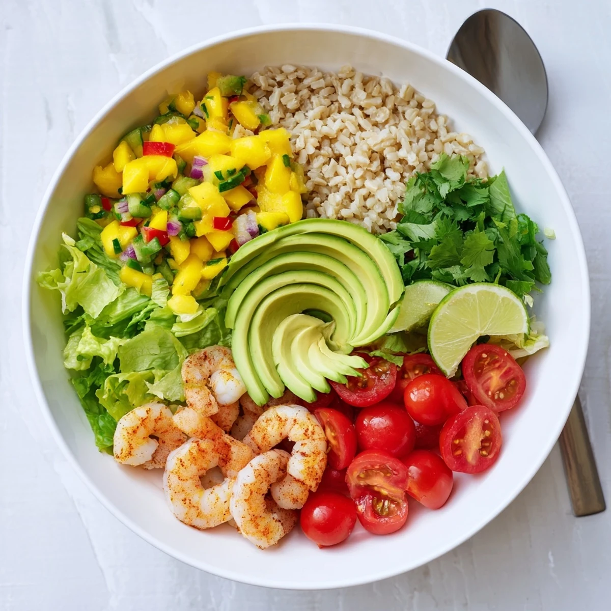 Shrimp And Avocado Bowls With Mango Salsa Lime Chili Sauce topped with fresh cilantro.