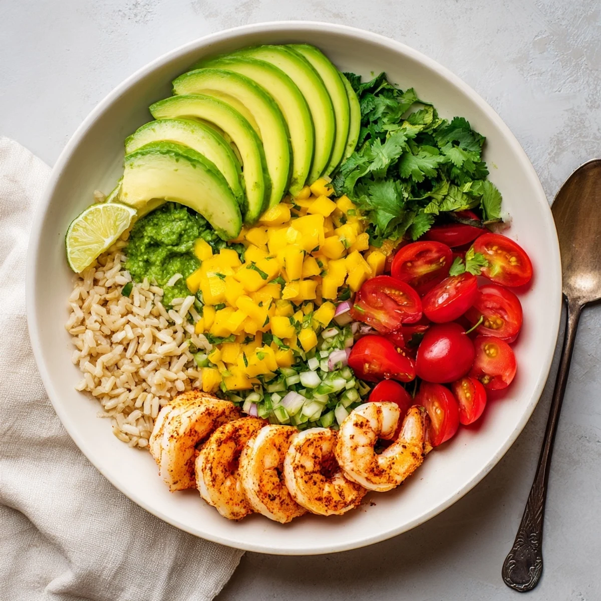 Bright citrus Shrimp And Avocado Bowls With Mango Salsa Lime Chili Sauce, creamy avocado.