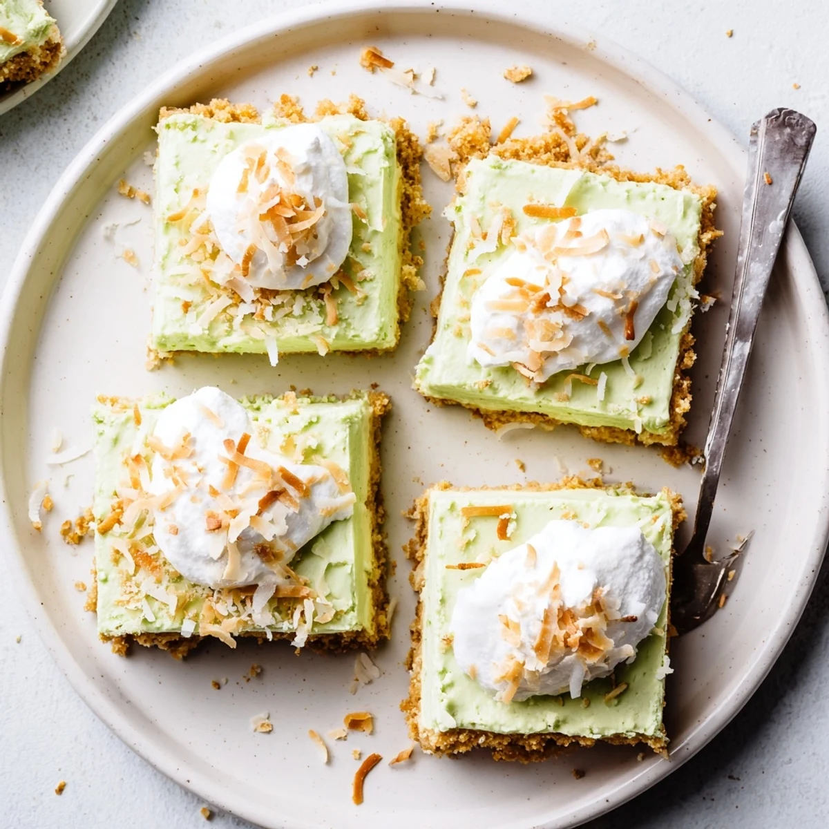 Tropical Chill Coconut Lime Bars chilled on plate, zesty lime and toasted coconut