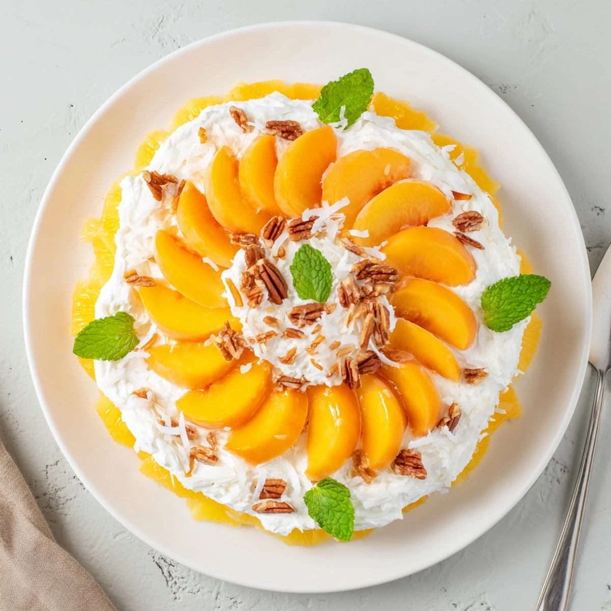 Millionaire Peach Salad on a chilled bowl, creamy layers and toasted pecans