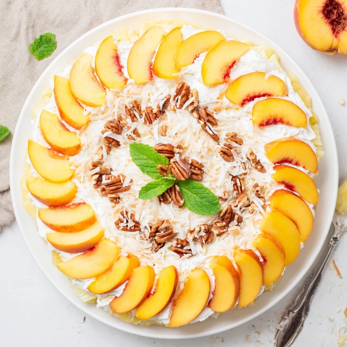 Millionaire Peach Salad with toasted pecans and coconut, creamy, refreshing summer dessert