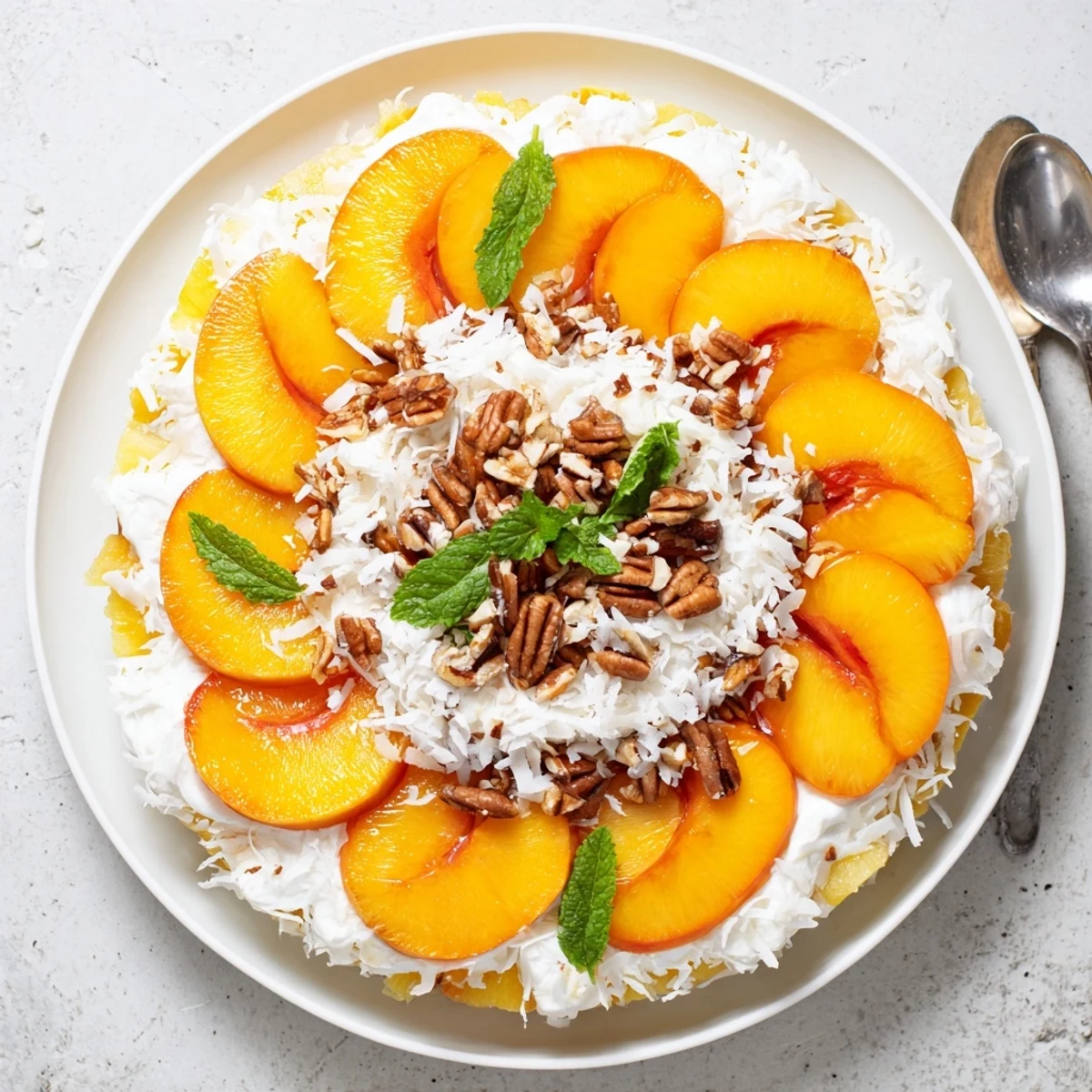A close-up of Millionaire Peach Salad garnished with mint, juicy peach slices