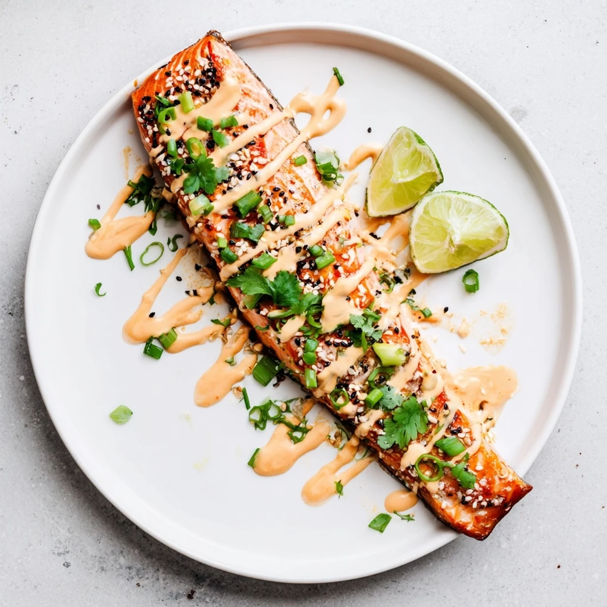 Oven-baked Bang Bang Salmon garnished with cilantro, green onions, lime wedge