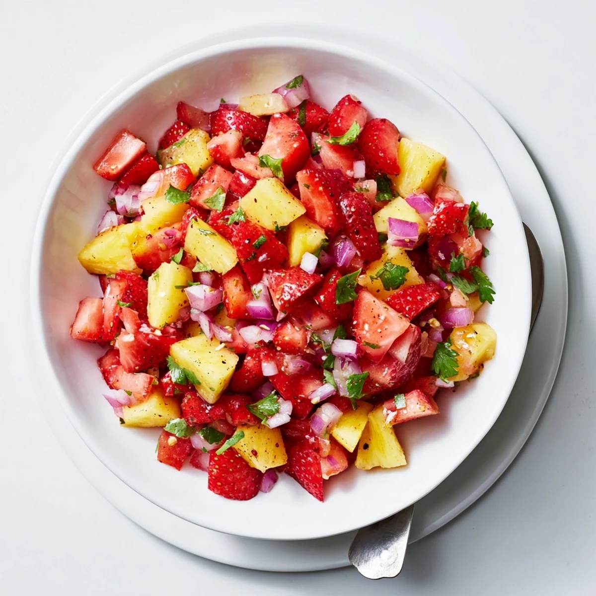 Strawberry Pineapple Salsa glistening with lime, diced jalapeño, cilantro, ready for chips