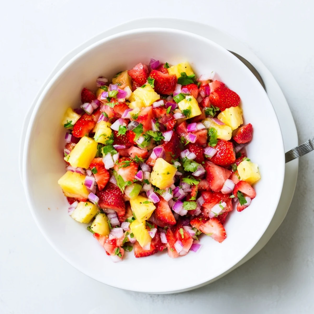 A vibrant bowl of Strawberry Pineapple Salsa with zesty lime, jalapeño kick