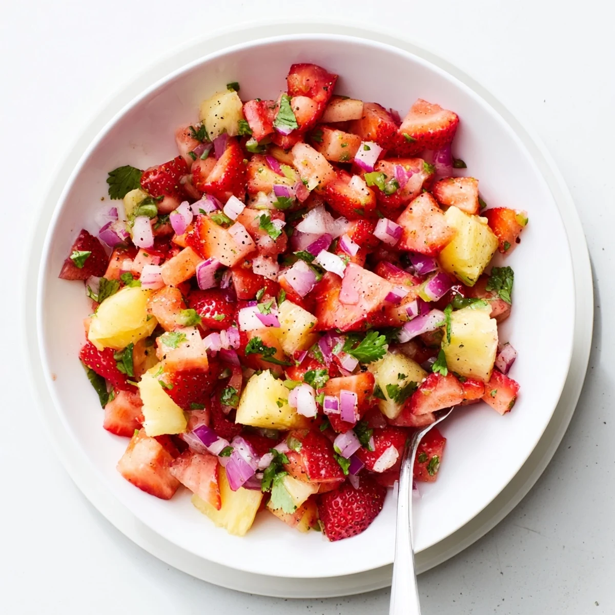 Chilled Strawberry Pineapple Salsa piled on tortilla chips, sweet, tangy, slightly spicy