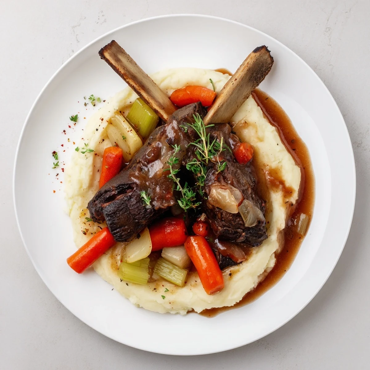 Slow Cooker Short Ribs glazed in rich gravy, steam rising over mashed potatoes