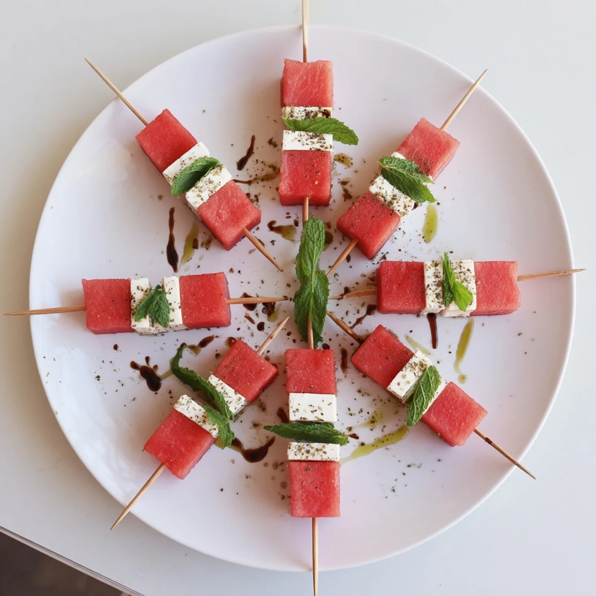 Watermelon Feta And Mint Skewers piled on platter, chilled, glistening with oil.